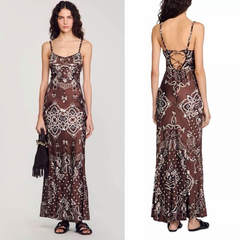 Sandro Bandana Print Slip Maxi Dress Brown | Size 40 / US 8 - Picture 12 of 13